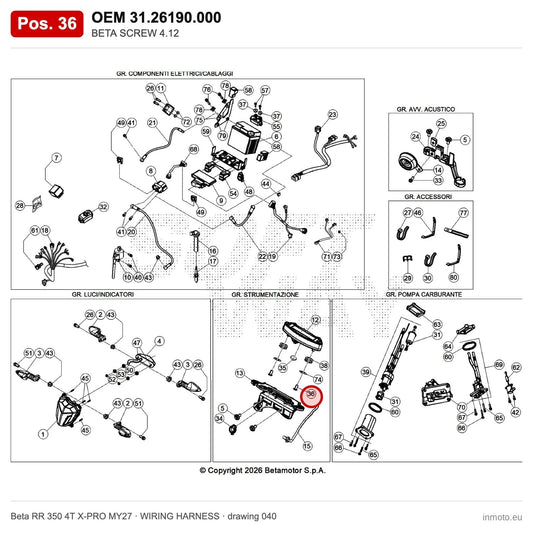 BETA SCREW 4.12 – OEM 31.26190.000, position 36 on the Beta RR 350 4T X-PRO MY27 wiring harness drawing