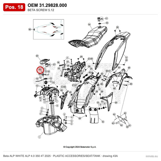 BETA SCREW 5.12 – OEM 31.29828.000, position 18 on the Beta ALP WHITE ALP 4.0 350 4T 2025 plastic accessories/seat/tank drawing