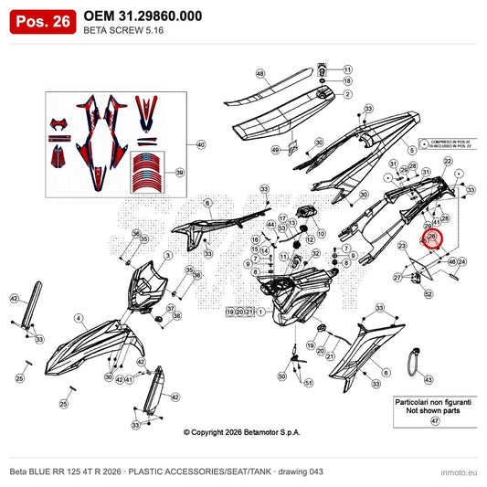 BETA SCREW 5.16 – OEM 31.29860.000, position 26 on the Beta BLUE RR 125 4T R 2026 plastic accessories/seat/tank drawing