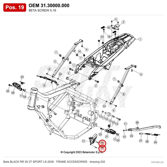 BETA SCREW 5.16 – OEM 31.30000.000, position 19 on the Beta BLACK RR 50 2T SPORT LS 2026 frame accessories drawing