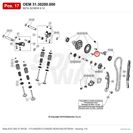 BETA SCREW 6.10 – OEM 31.30200.000, position 17 on the Beta EVO 300 4T MY26 cylinder/cylinder head/valvetrain drawing