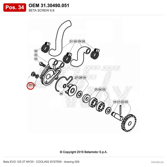 BETA SCREW 6.8 – OEM 31.30490.051, position 34 on the Beta EVO 125 2T MY25 cooling system drawing