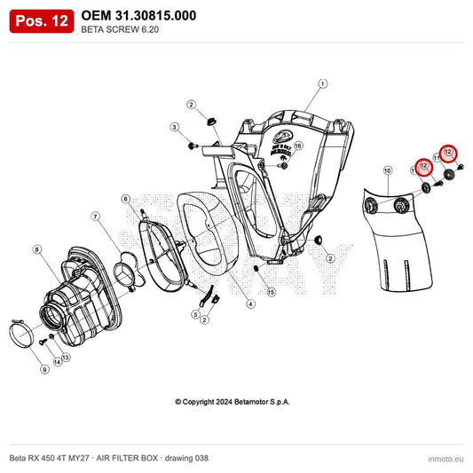 BETA SCREW 6.20 – OEM 31.30815.000, position 12 on the Beta RX 450 4T MY27 air filter box drawing
