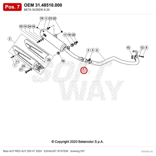 BETA SCREW 6.35 – OEM 31.48510.000, position 7 on the Beta ALP RED ALP 200 4T 2024 exhaust system drawing