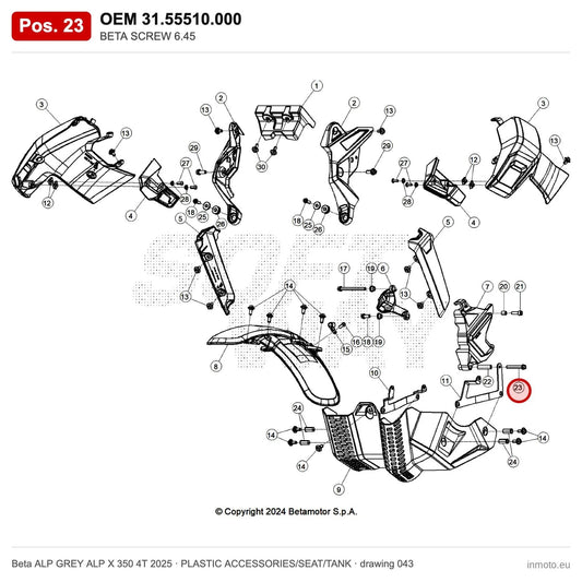 BETA SCREW 6.45 – OEM 31.55510.000, position 23 on the Beta ALP GREY ALP X 350 4T 2025 plastic accessories/seat/tank drawing