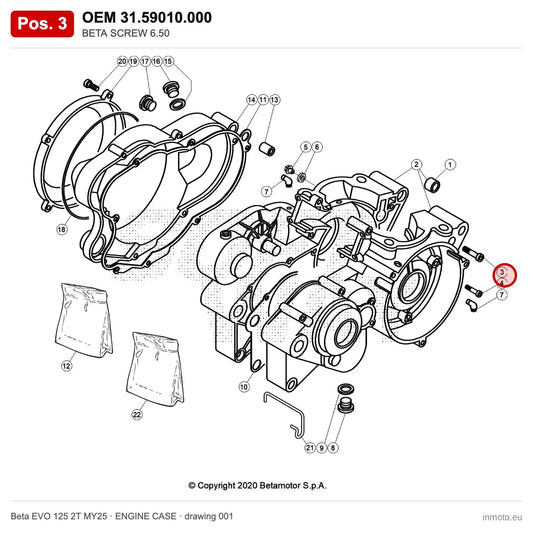 BETA SCREW 6.50 – OEM 31.59010.000, position 3 on the Beta EVO 125 2T MY25 engine case drawing