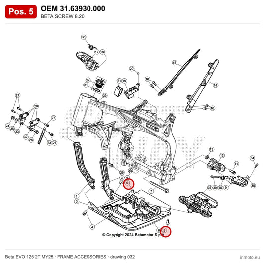 BETA SCREW 8.20 – OEM 31.63930.000, position 5 on the Beta EVO 125 2T MY25 frame accessories drawing