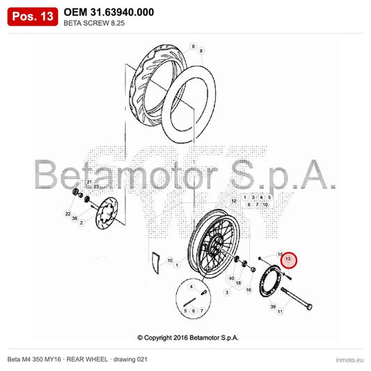 BETA SCREW 8.25 – OEM 31.63940.000, position 13 on the Beta M4 350 MY16 rear wheel drawing