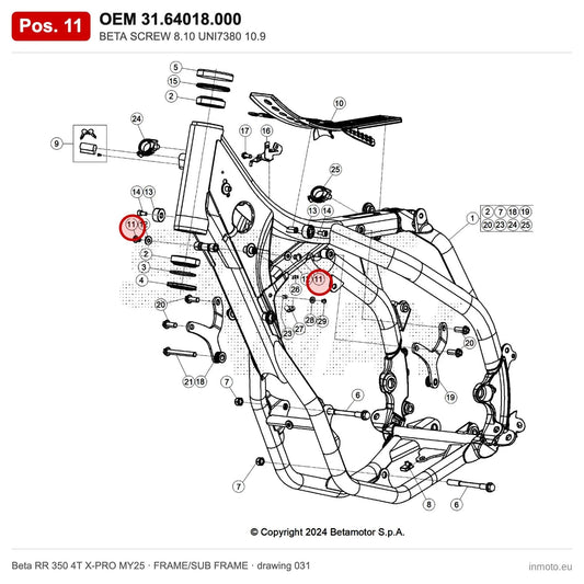 BETA SCREW 8.10 UNI7380 10.9 – OEM 31.64018.000, position 11 on the Beta RR 350 4T X-PRO MY25 frame/sub frame drawing