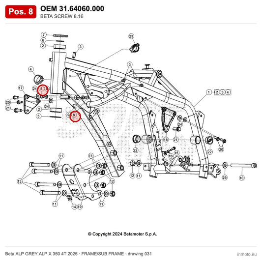 BETA SCREW 8.16 – OEM 31.64060.000, position 8 on the Beta ALP GREY ALP X 350 4T 2025 frame/sub frame drawing