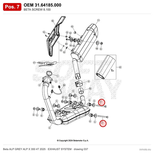 BETA SCREW 8.100 – OEM 31.64185.000, position 7 on the Beta ALP GREY ALP X 350 4T 2025 exhaust system drawing
