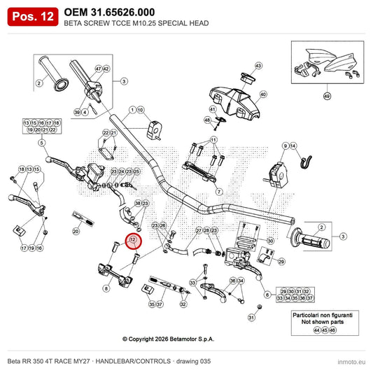 BETA SCREW TCCE M10.25 SPECIAL HEAD – OEM 31.65626.000, position 12 on the Beta RR 350 4T RACE MY27 handlebar/controls drawing