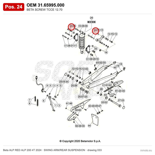 BETA SCREW TCCE 12.70 – OEM 31.65995.000, position 24 on the Beta ALP RED ALP 200 4T 2024 swing arm/rear suspension drawing