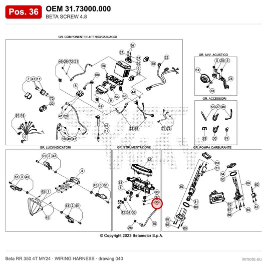 BETA SCREW 4.8 – OEM 31.73000.000, position 36 on the Beta RR 350 4T MY24 wiring harness drawing