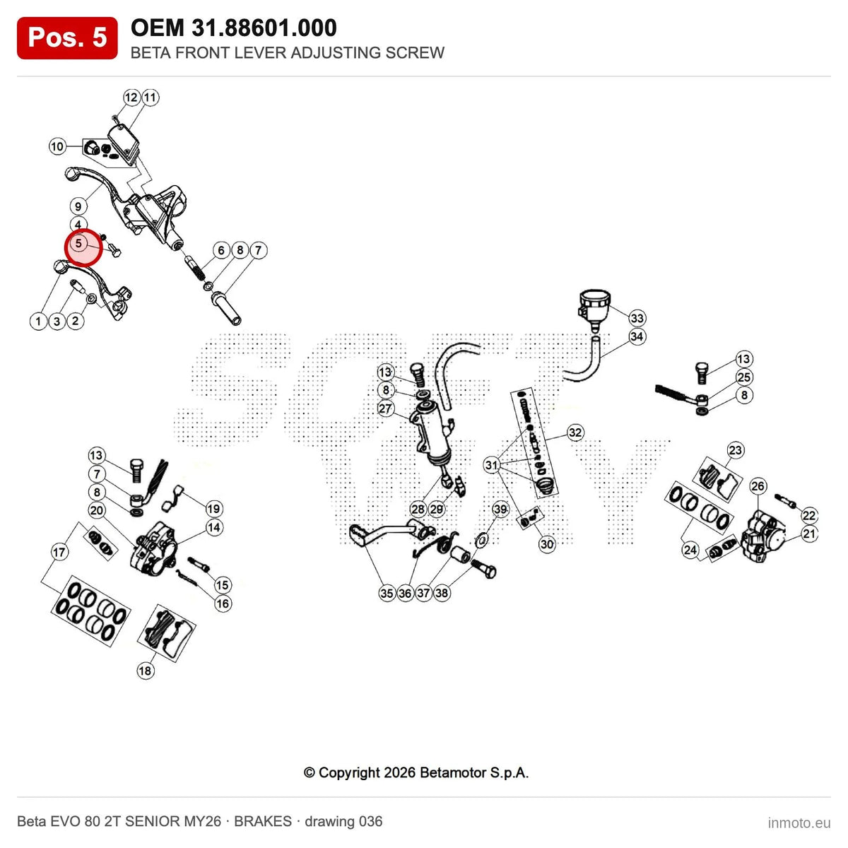 BETA FRONT LEVER ADJUSTING SCREW – OEM 31.88601.000, position 5 on the Beta EVO 80 2T SENIOR MY26 brakes drawing