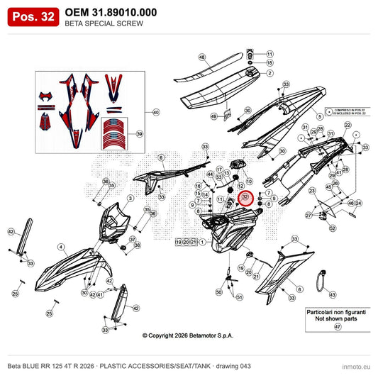 BETA SPECIAL SCREW – OEM 31.89010.000, position 32 on the Beta BLUE RR 125 4T R 2026 plastic accessories/seat/tank drawing