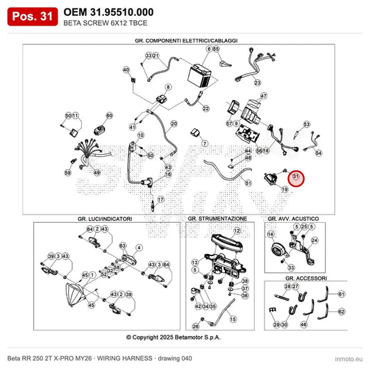 BETA SCREW 6X12 TBCE – OEM 31.95510.000, position 31 on the Beta RR 250 2T X-PRO MY26 wiring harness drawing