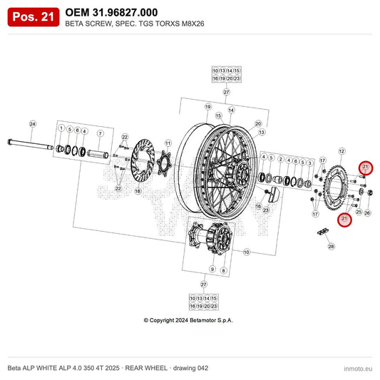 BETA SCREW, SPEC. TGS TORXS M8X26 – OEM 31.96827.000, position 21 on the Beta ALP WHITE ALP 4.0 350 4T 2025 rear wheel drawing