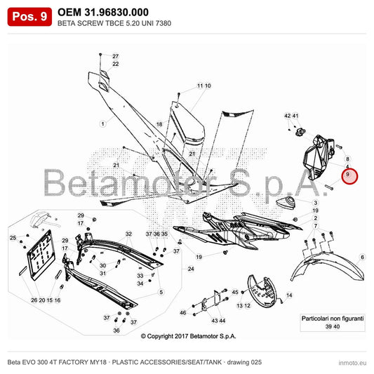 BETA SCREW TBCE 5.20 UNI 7380 – OEM 31.96830.000, position 9 on the Beta EVO 300 4T FACTORY MY18 plastic accessories/seat/tank drawing