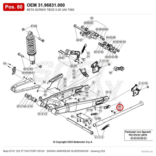 BETA SCREW TBCE 5.30 UNI 7380 – OEM 31.96831.000, position 80 on the Beta EVO 125 2T FACTORY MY24 swing arm/rear suspension drawing