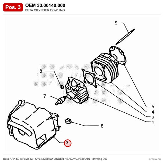 BETA CILYNDER COWLING – OEM 33.00140.000, position 3 on the Beta ARK 50 AIR MY13 cylinder/cylinder head/valvetrain drawing