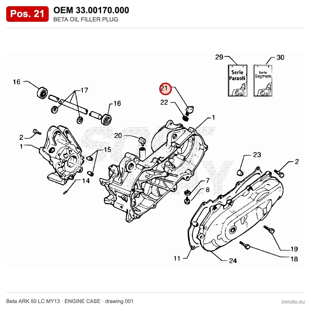 BETA OIL FILLER PLUG – OEM 33.00170.000, position 21 on the Beta ARK 50 LC MY13 engine case drawing
