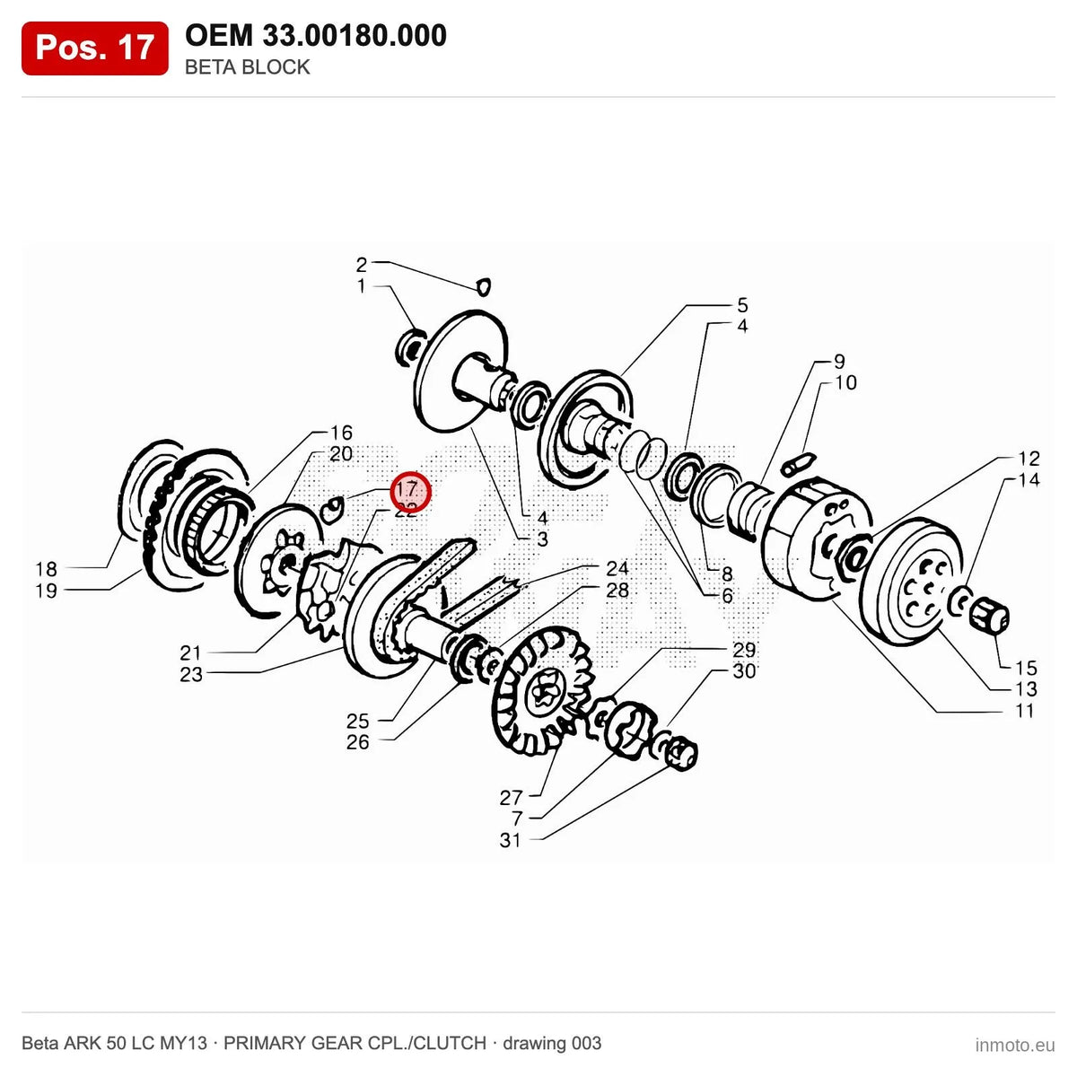 BETA BLOCK – OEM 33.00180.000, position 17 on the Beta ARK 50 LC MY13 primary gear cpl./clutch drawing