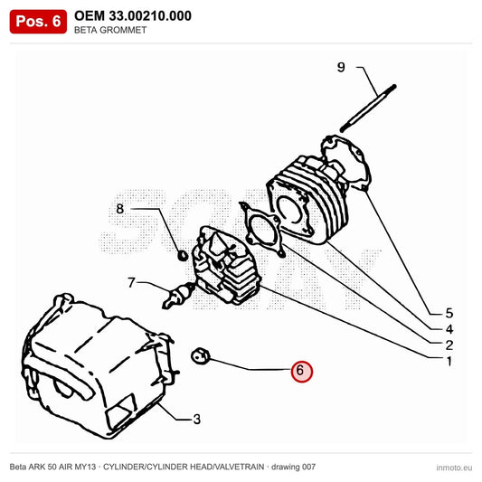 BETA GROMMET – OEM 33.00210.000, position 6 on the Beta ARK 50 AIR MY13 cylinder/cylinder head/valvetrain drawing