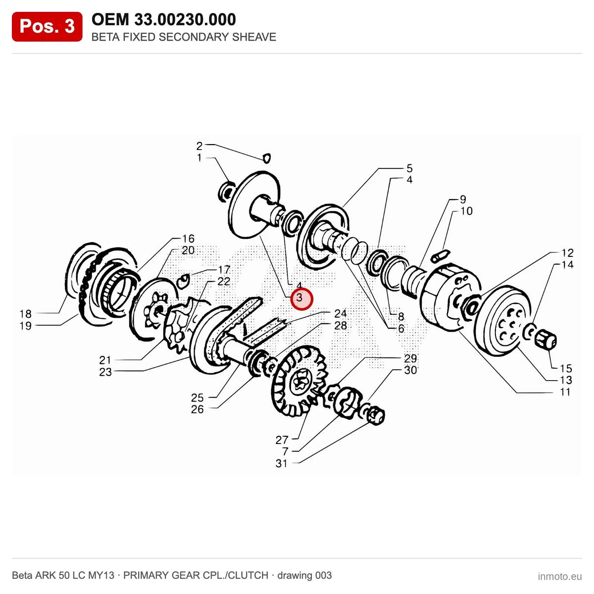 BETA FIXED SECONDARY SHEAVE – OEM 33.00230.000, position 3 on the Beta ARK 50 LC MY13 primary gear cpl./clutch drawing