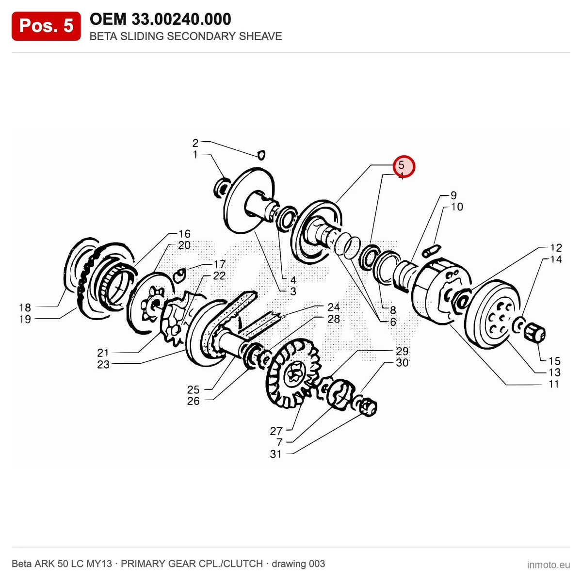 BETA SLIDING SECONDARY SHEAVE – OEM 33.00240.000, position 5 on the Beta ARK 50 LC MY13 primary gear cpl./clutch drawing