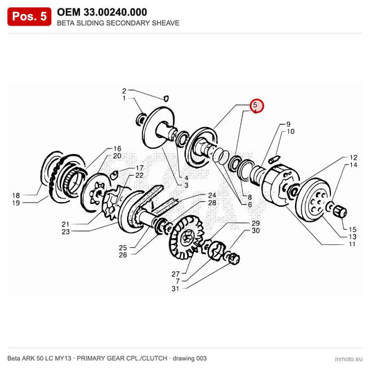 BETA SLIDING SECONDARY SHEAVE – OEM 33.00240.000, position 5 on the Beta ARK 50 LC MY13 primary gear cpl./clutch drawing