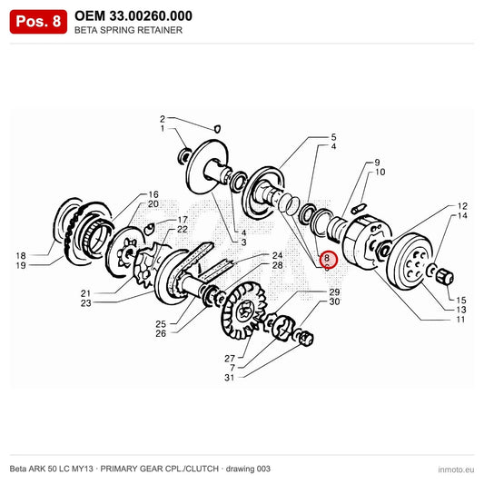 BETA SPRING RETAINER – OEM 33.00260.000, position 8 on the Beta ARK 50 LC MY13 primary gear cpl./clutch drawing