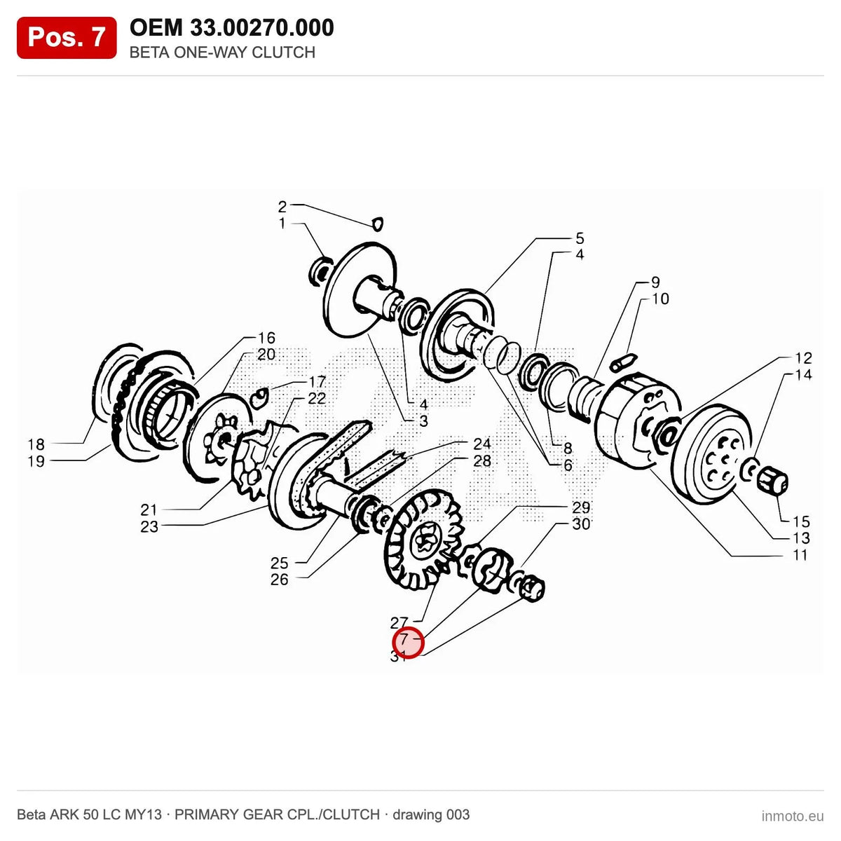 BETA ONE-WAY CLUTCH – OEM 33.00270.000, position 7 on the Beta ARK 50 LC MY13 primary gear cpl./clutch drawing