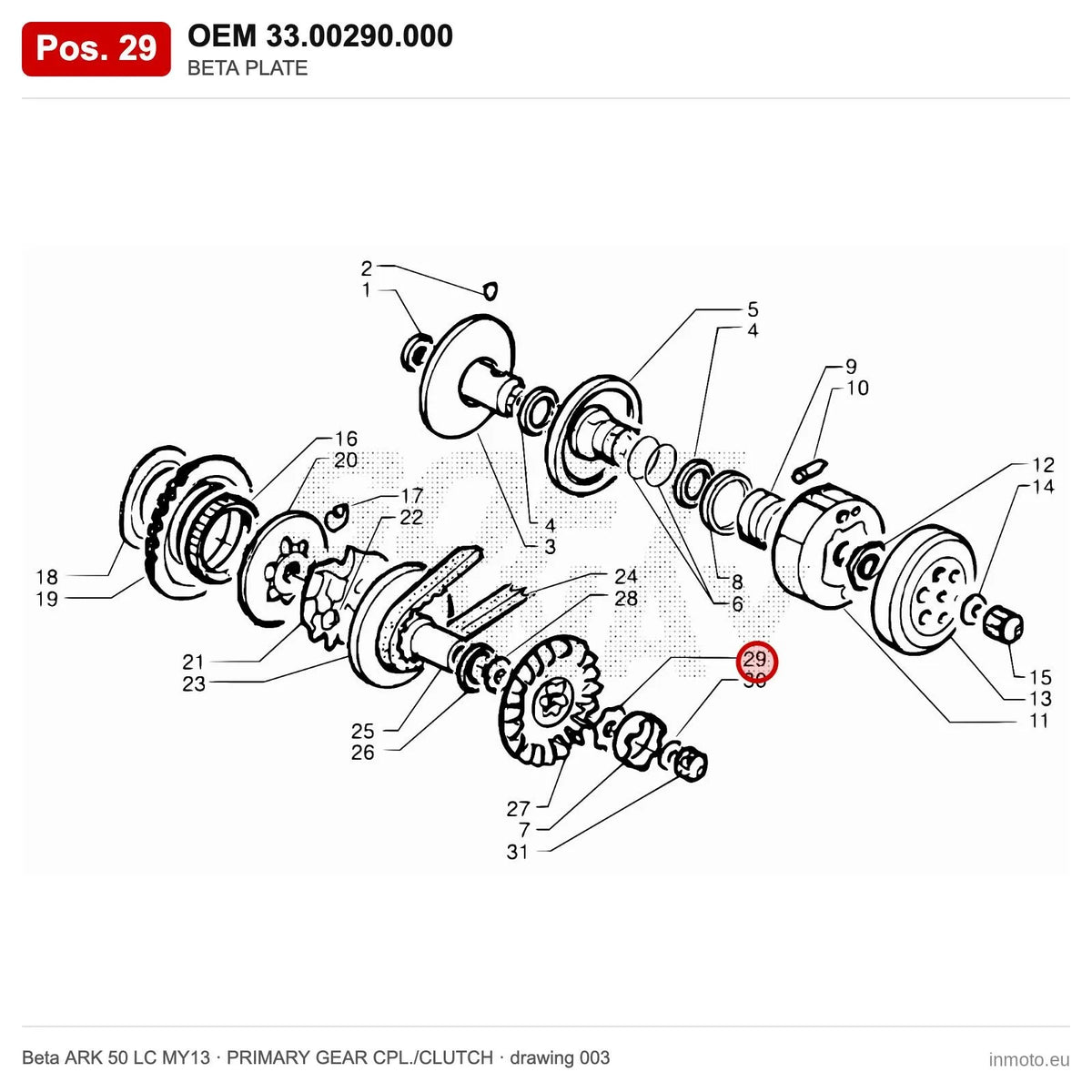 BETA PLATE – OEM 33.00290.000, position 29 on the Beta ARK 50 LC MY13 primary gear cpl./clutch drawing