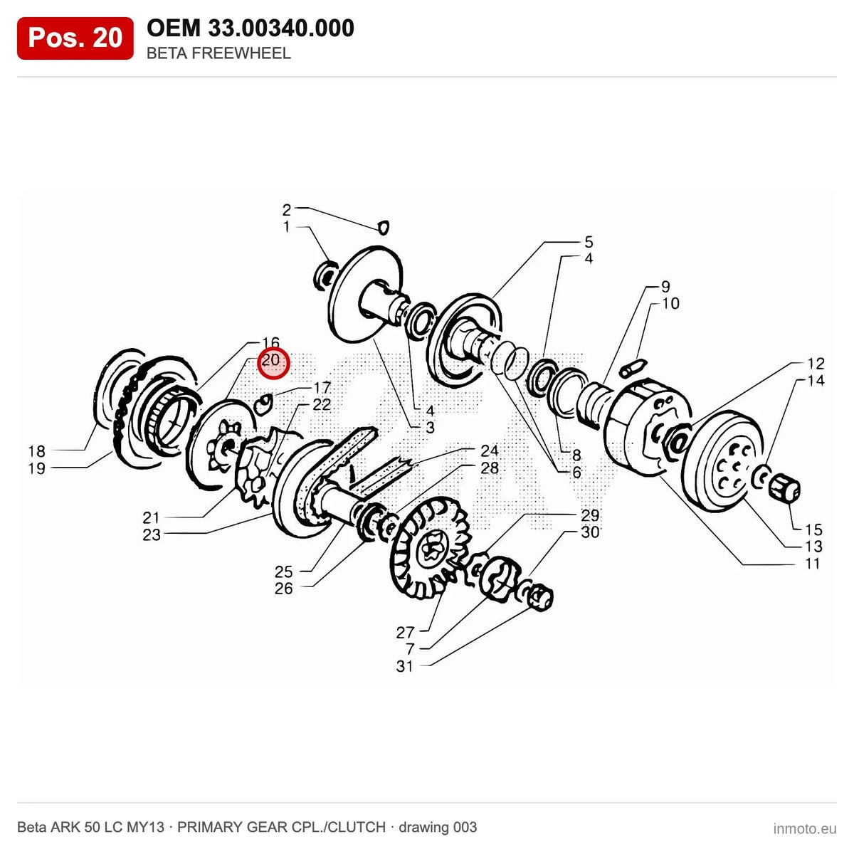 BETA FREEWHEEL – OEM 33.00340.000, position 20 on the Beta ARK 50 LC MY13 primary gear cpl./clutch drawing