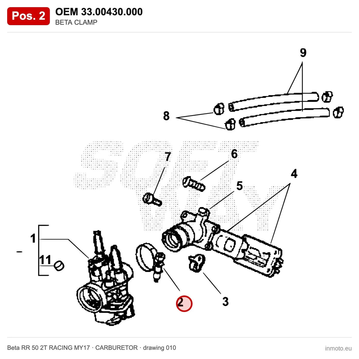 BETA CLAMP – OEM 33.00430.000, position 2 on the Beta RR 50 2T RACING MY17 carburetor drawing