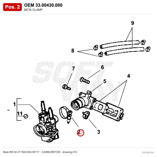 BETA CLAMP – OEM 33.00430.000, position 2 on the Beta RR 50 2T RACING MY17 carburetor drawing