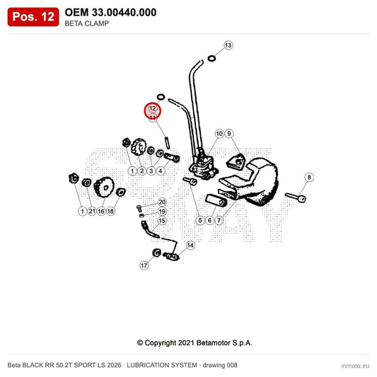 BETA CLAMP – OEM 33.00440.000, position 12 on the Beta BLACK RR 50 2T SPORT LS 2026 lubrication system drawing