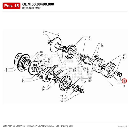 BETA NUT M10.1 – OEM 33.00480.000, position 15 on the Beta ARK 50 LC MY13 primary gear cpl./clutch drawing