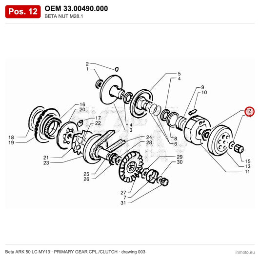 BETA NUT M28.1 – OEM 33.00490.000, position 12 on the Beta ARK 50 LC MY13 primary gear cpl./clutch drawing