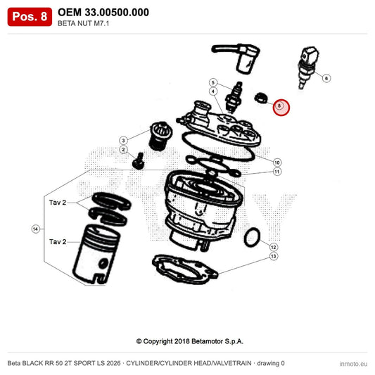 BETA NUT M7.1 – OEM 33.00500.000, position 8 on the Beta BLACK RR 50 2T SPORT LS 2026 cylinder/cylinder head/valvetrain drawing