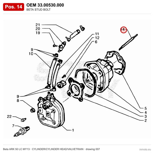 BETA STUD BOLT – OEM 33.00530.000, position 14 on the Beta ARK 50 LC MY13 cylinder/cylinder head/valvetrain drawing
