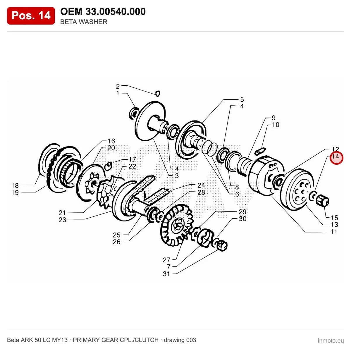 BETA WASHER – OEM 33.00540.000, position 14 on the Beta ARK 50 LC MY13 primary gear cpl./clutch drawing
