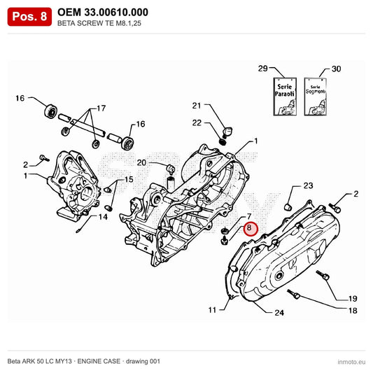 BETA SCREW TE M8.1,25 – OEM 33.00610.000, position 8 on the Beta ARK 50 LC MY13 engine case drawing