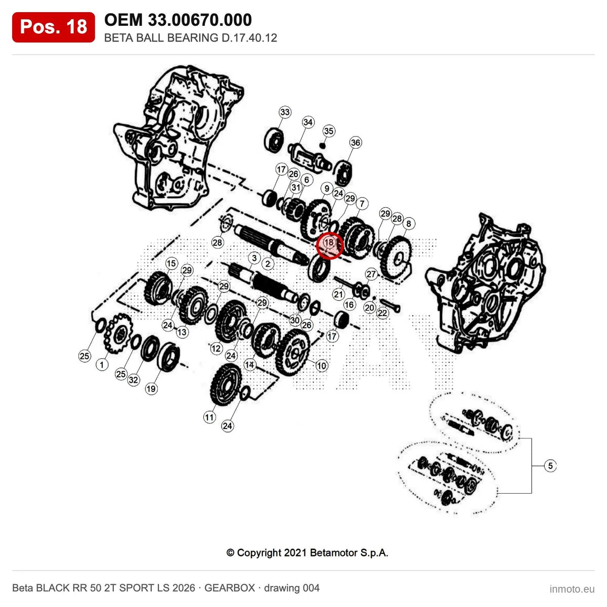BETA BALL BEARING D.17.40.12 – OEM 33.00670.000, position 18 on the Beta BLACK RR 50 2T SPORT LS 2026 gearbox drawing