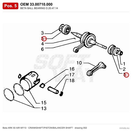 BETA BALL BEARING D.20.47.14 – OEM 33.00710.000, position 5 on the Beta ARK 50 AIR MY13 crankshaft/piston/balancer shaft drawing