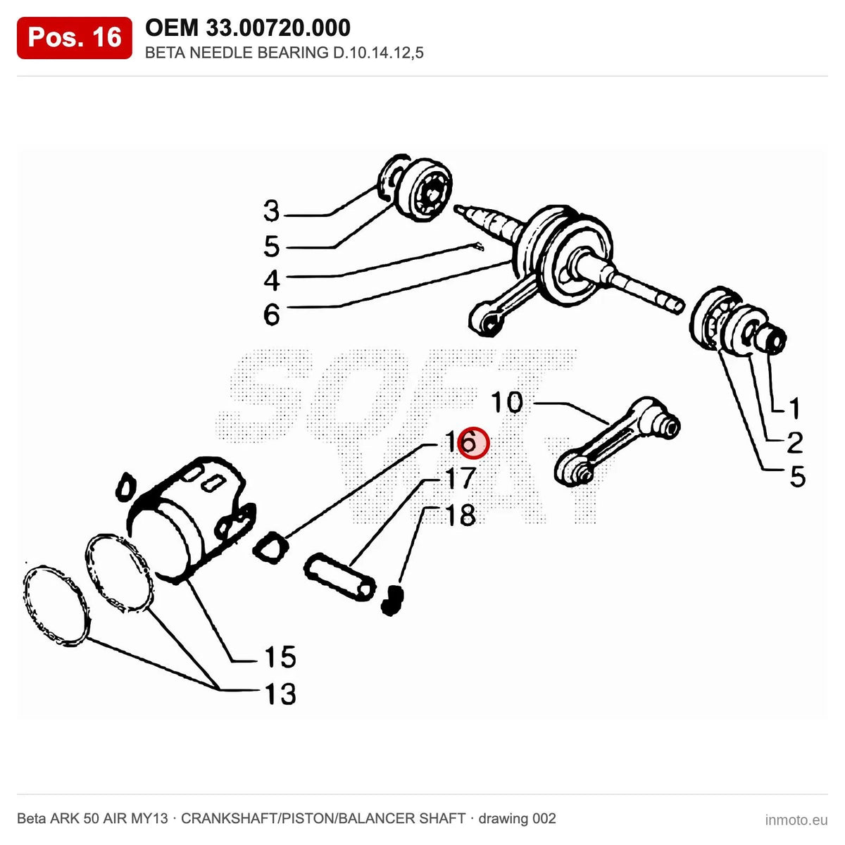 BETA NEEDLE BEARING D.10.14.12,5 – OEM 33.00720.000, position 16 on the Beta ARK 50 AIR MY13 crankshaft/piston/balancer shaft drawing