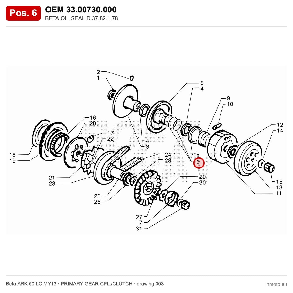 BETA OIL SEAL D.37,82.1,78 – OEM 33.00730.000, position 6 on the Beta ARK 50 LC MY13 primary gear cpl./clutch drawing