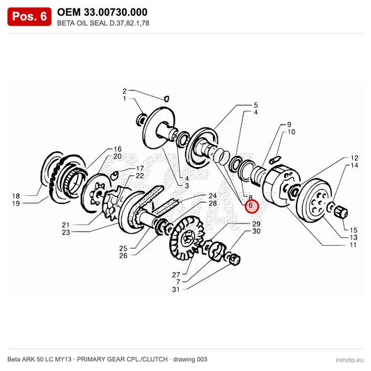BETA OIL SEAL D.37,82.1,78 – OEM 33.00730.000, position 6 on the Beta ARK 50 LC MY13 primary gear cpl./clutch drawing
