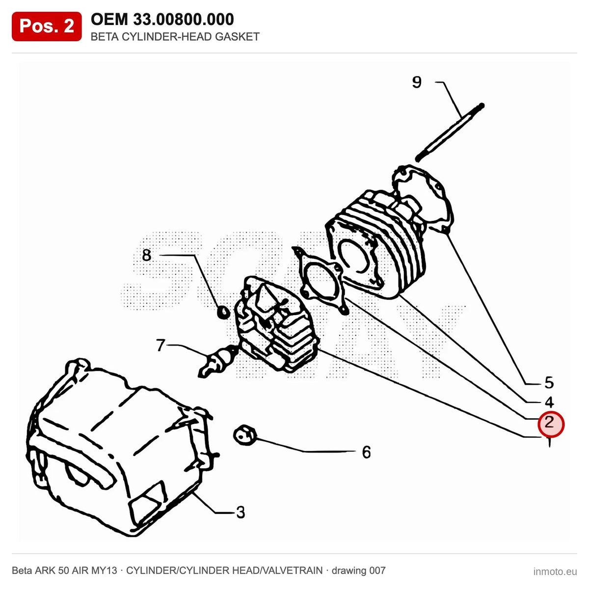 BETA CYLINDER-HEAD GASKET – OEM 33.00800.000, position 2 on the Beta ARK 50 AIR MY13 cylinder/cylinder head/valvetrain drawing